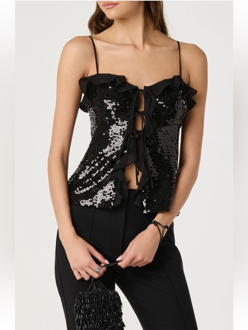 ASTR Black Sequin Ruffle
Trim Tie Front Cami Blouse Top • Size Medium • NWT